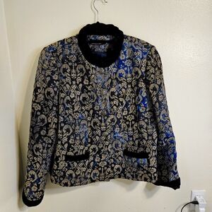 Vintage Retro Tribal Dark Academia Floral Coat Women's Size 16P Blue/Black